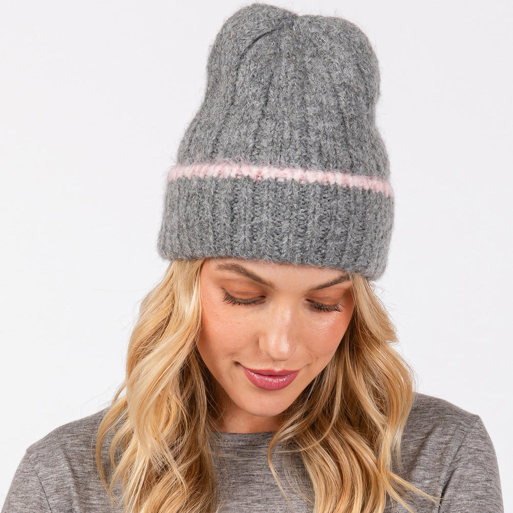 Two Tone Line Detailed Beanie Hat
