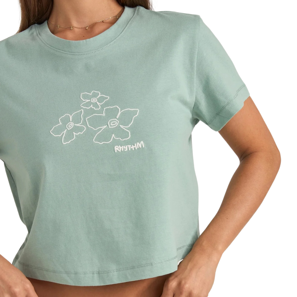 Embroidered Crop Crew Tee - Sage