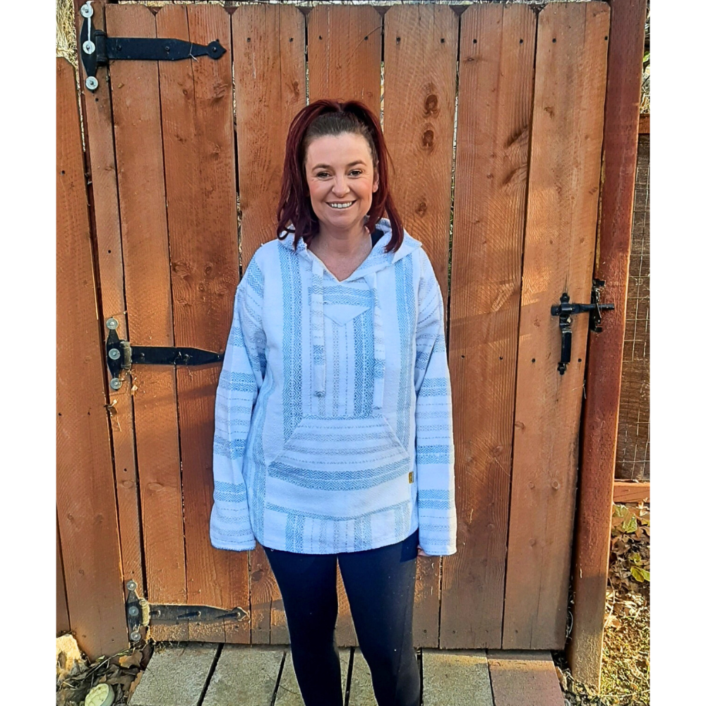 Authentic Baja Hoodie - White w/ Aqua & Blue Stripes - Size Medium