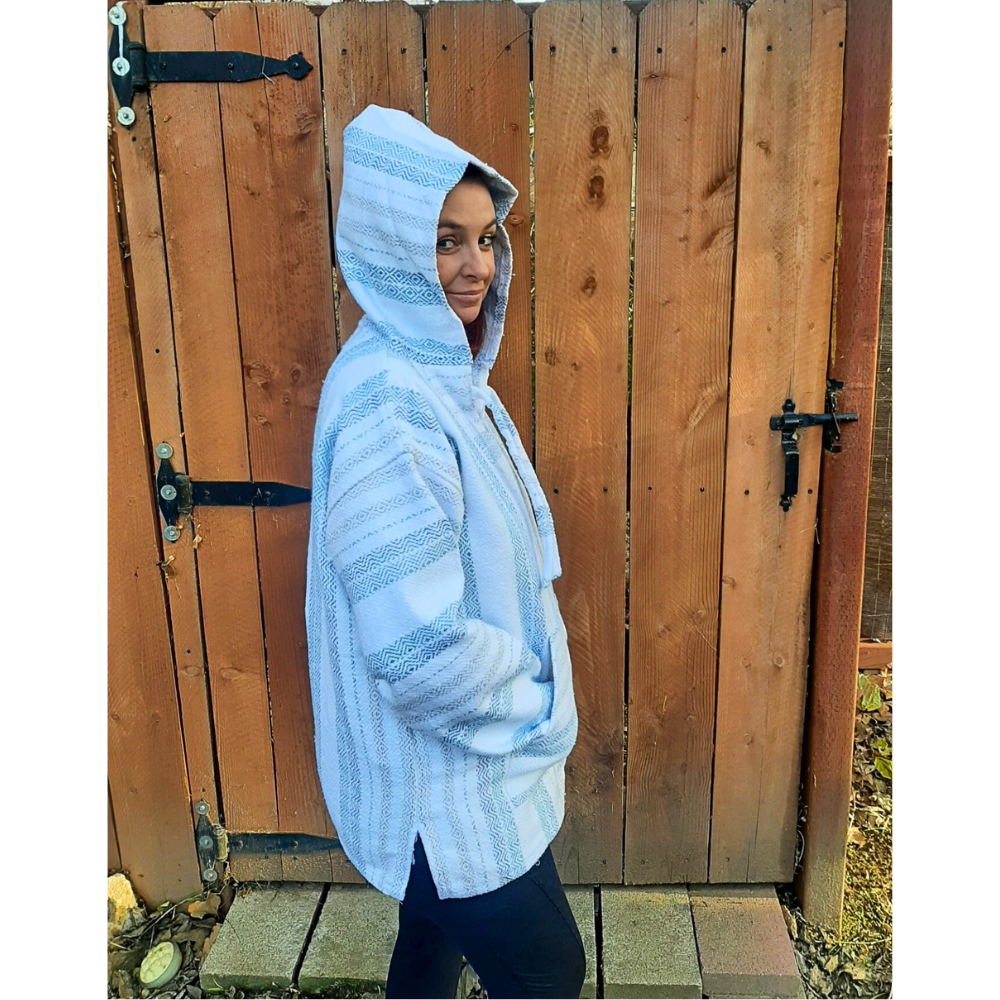 Authentic Baja Hoodie - White w/ Aqua & Blue Stripes - Size Medium