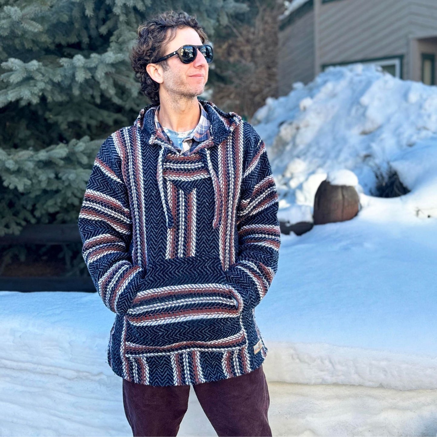 Mexican Hoodie Poncho - Black and Clay