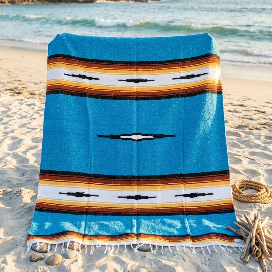 Colorful striped towel on a sandy beach with ocean in the background