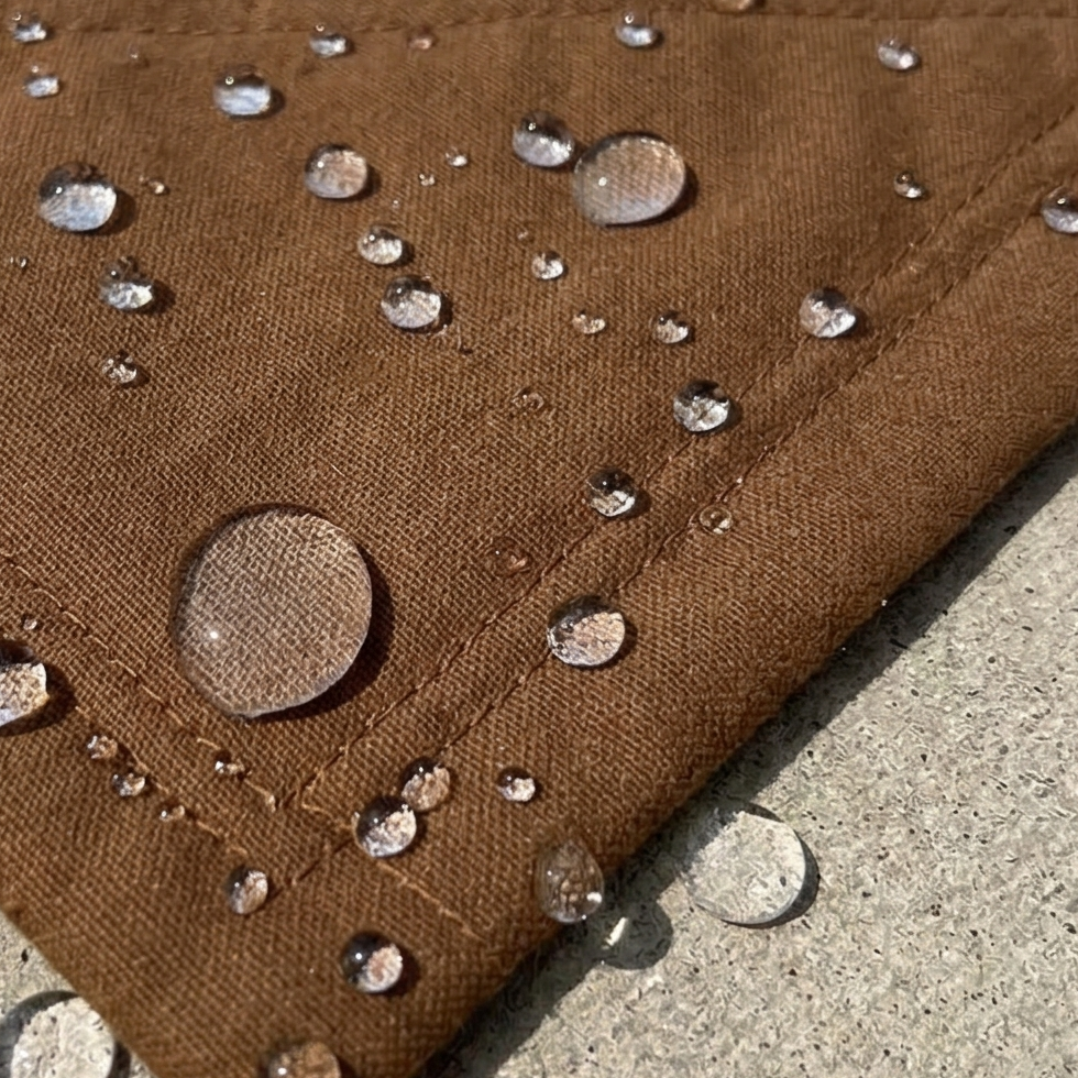 Brown fabric with water droplets on a concrete surface and blue plaid fabric in the background