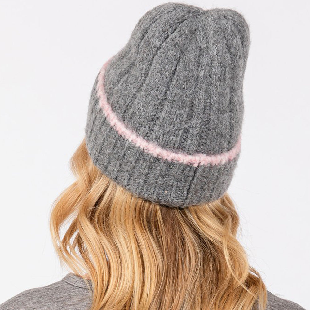 Two Tone Line Detailed Beanie Hat