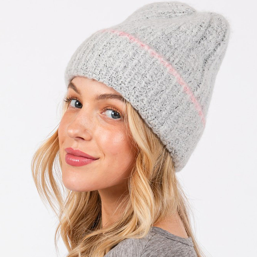 Two Tone Line Detailed Beanie Hat