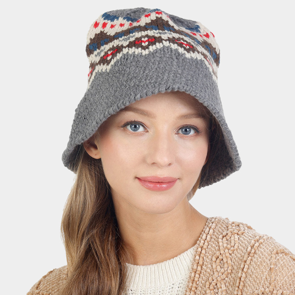 Nordic Pattern Knitted Bucket Hat