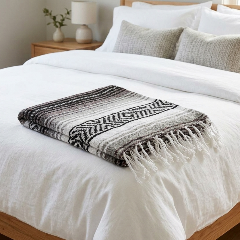 Black, Grey & White Mexican Falsa Blanket