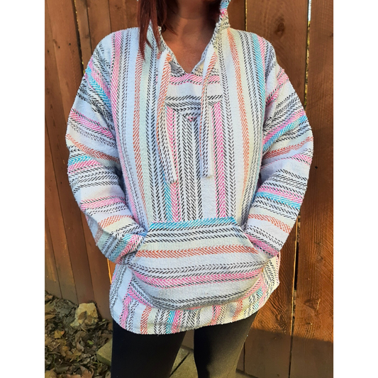 Mexican Hoodie Poncho - White w/ Pink, Orange & Blue Stripes