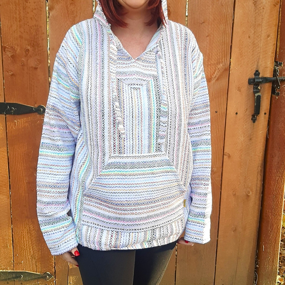 Mexican Hoodie Poncho - White Rainbow