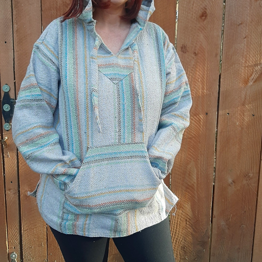 Mexican Hoodie Poncho - Grey Rainbow