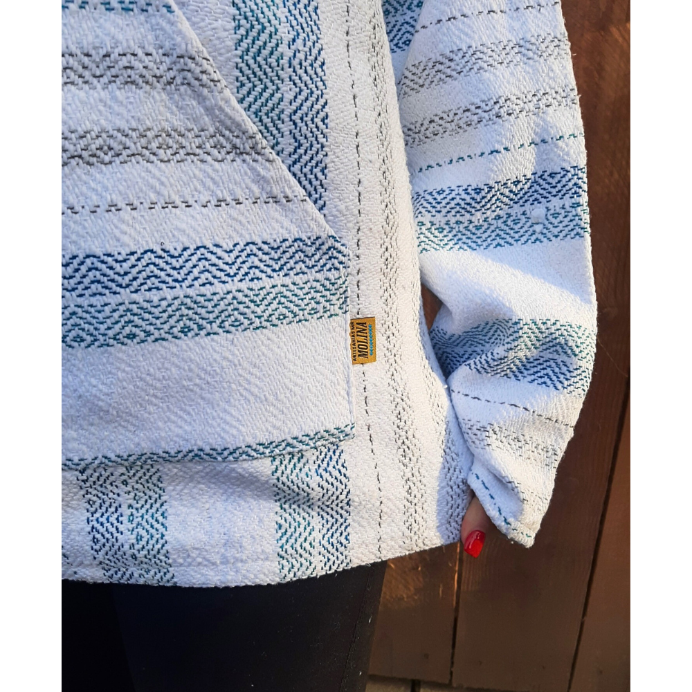 Authentic Baja Hoodie - White w/ Aqua & Blue Stripes