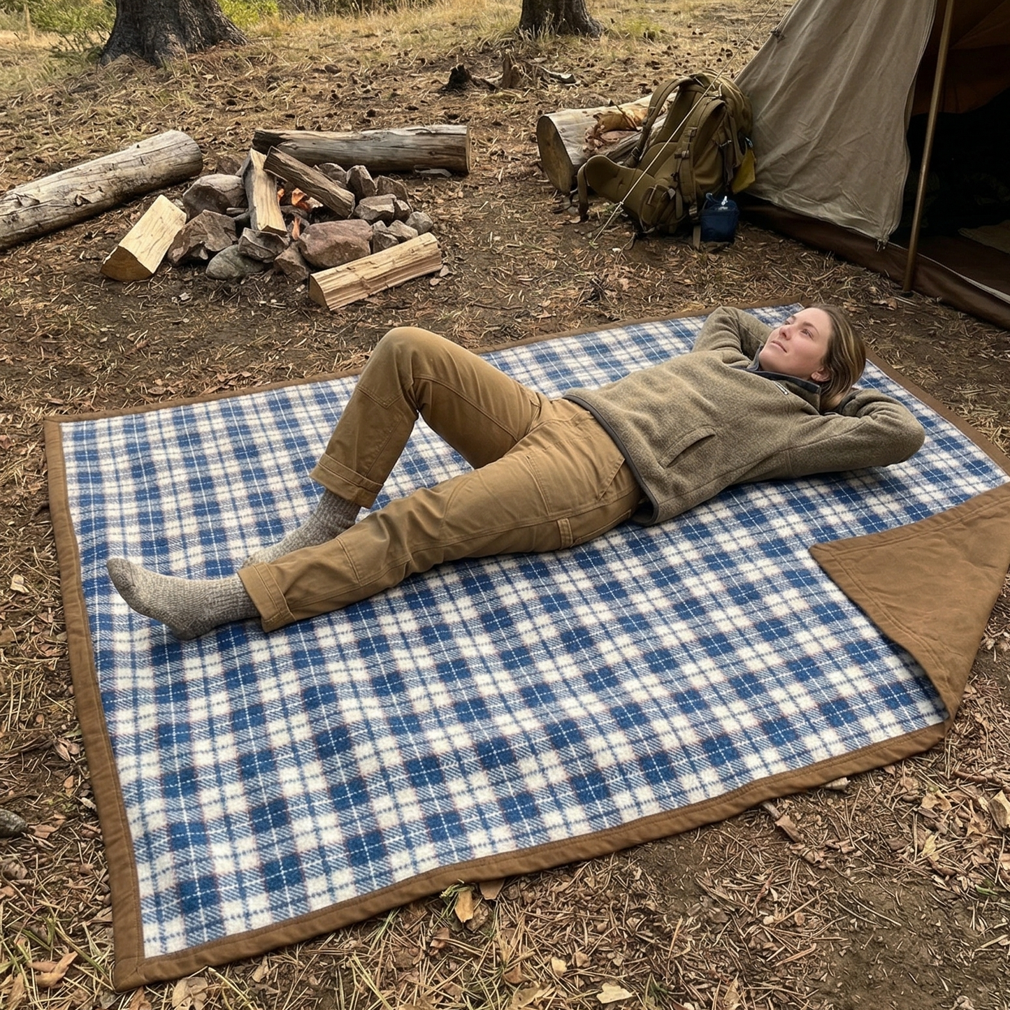 Person lying on a blue plaid blanket in front of a tent by a lake.