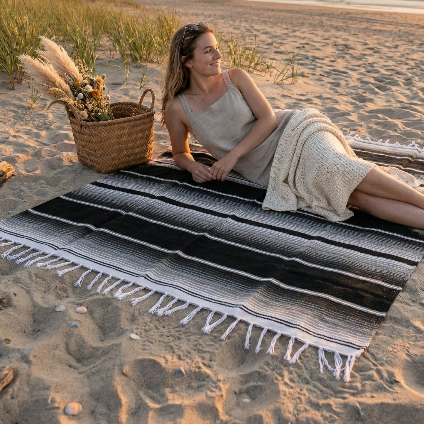 Woman sitting on a striped beach blanket  at sunset on a sandy beach.