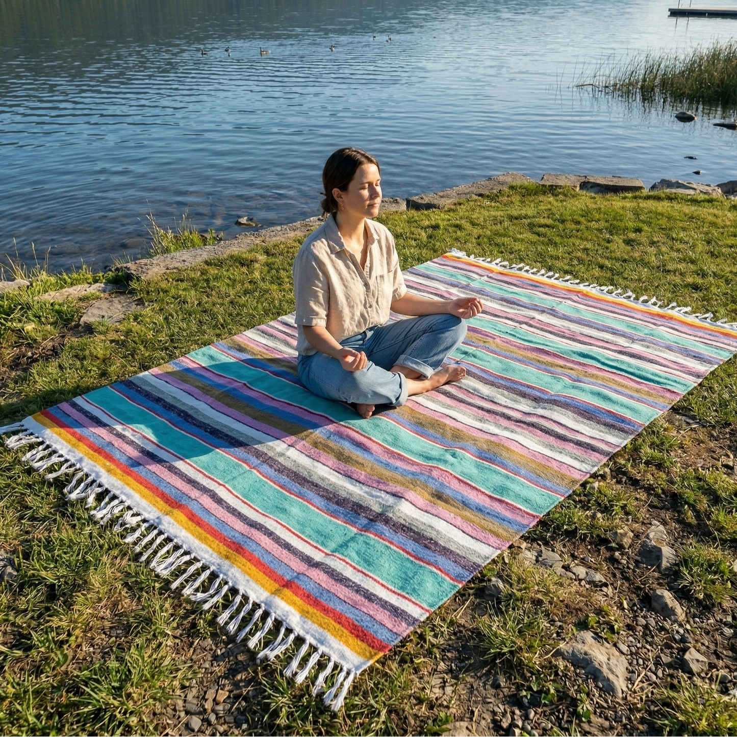 Person sitting on a colorful striped blanket by a lake