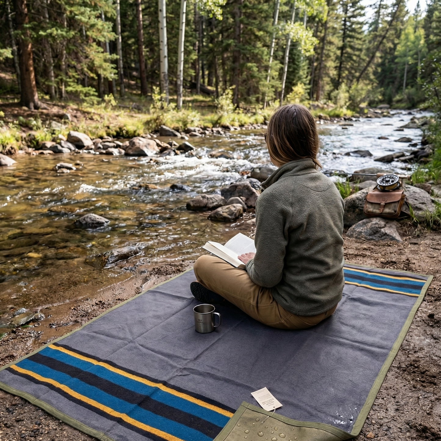 Person sitting on a striped picnic mat by a river, reading a book
