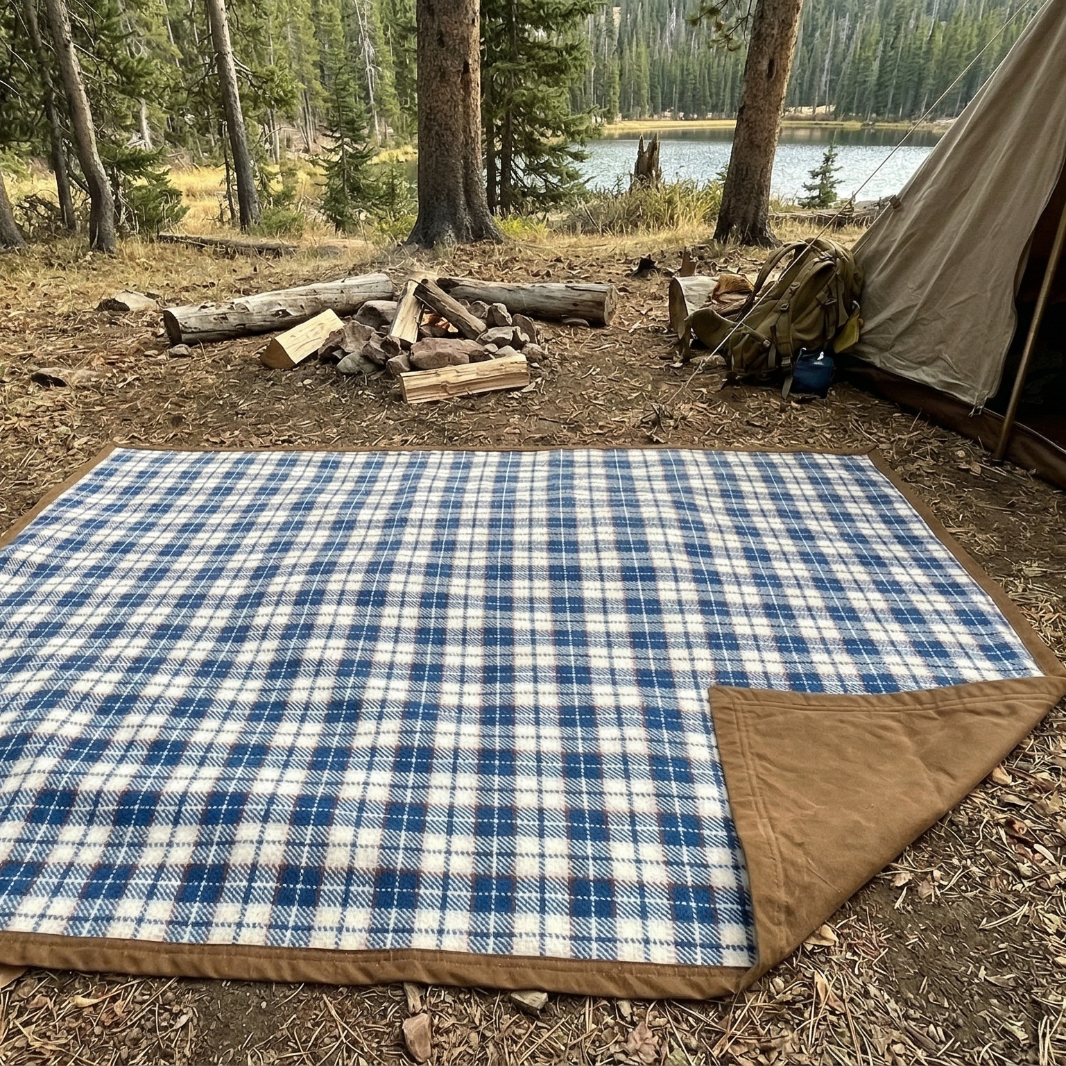 Blue and white checkered blanket on the ground next to a tent in a forest setting.